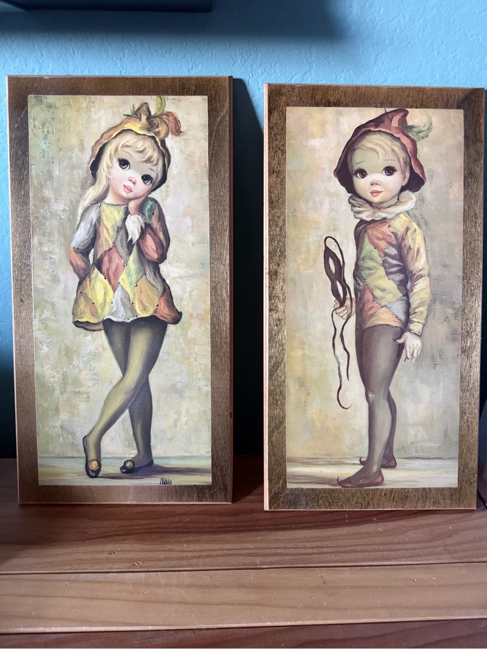 Vintage Wall Art Kids Jester Clown Pair 15x8 Wood Plaques Retro USA MAIO